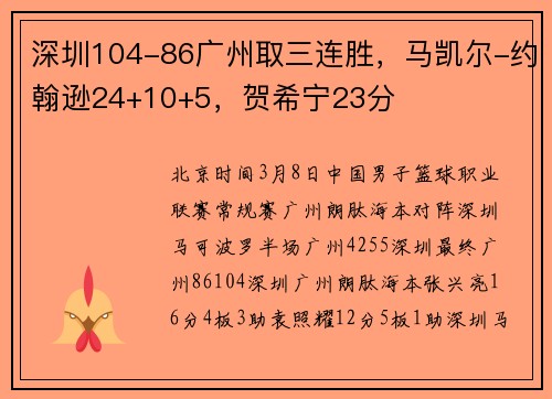 深圳104-86广州取三连胜，马凯尔-约翰逊24+10+5，贺希宁23分